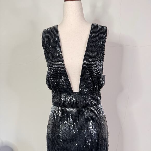 Burnett New York Sequin Beaded Deep V Gown Black Indigo Runway Dress Size 2 NWT - Picture 3 of 14